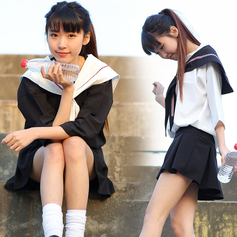 Japanese school uniforms Korean Pleated Skirts Sailor School suit for girl White black short sleeves set Harajuku Kawaii