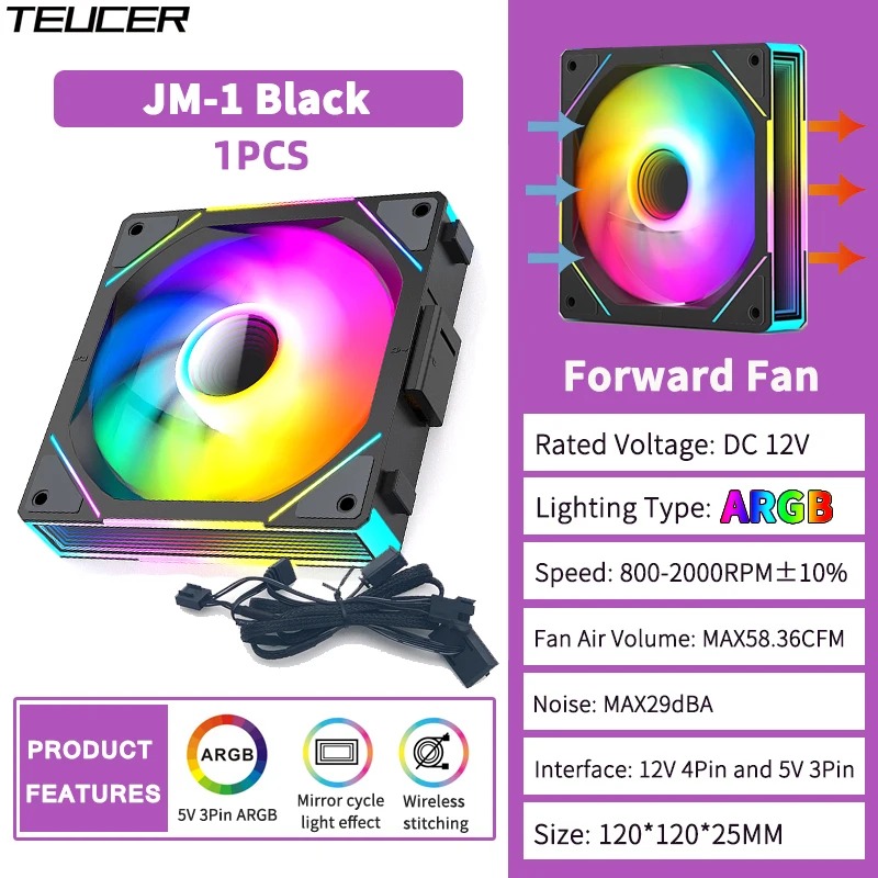 TEUCER JM-1 PC Case Fan 120mm ARGB Mirror Cycle Light Effect Cooling Fan 4PIN PWM Low noise Chassis Water Cooling Ventilador: Brown