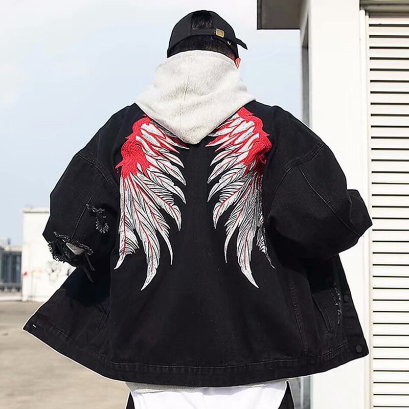 "man jakke vintage retro stil hip hop denim jakke hul streetwear jakker knap man jakke lomme man tøj"