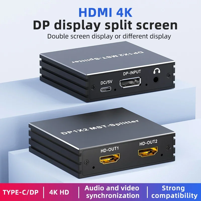 4k displayport-splitter, 1 in 2 ,  dp 1.4 mst-hub 60hz 1 x 2, forleng dp til hdmi, dobbel skjerm for stasjonær datamaskin, skjermkort til tv-skjerm: Hvit