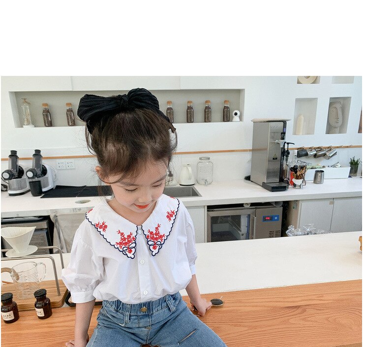 Camisa de algodón Floral para bebé, blusa con cuello vuelto con bordado de flores para niña pequeña, Tops de manga corta a cuadros de algodón para niño, ropa: white / 6 años