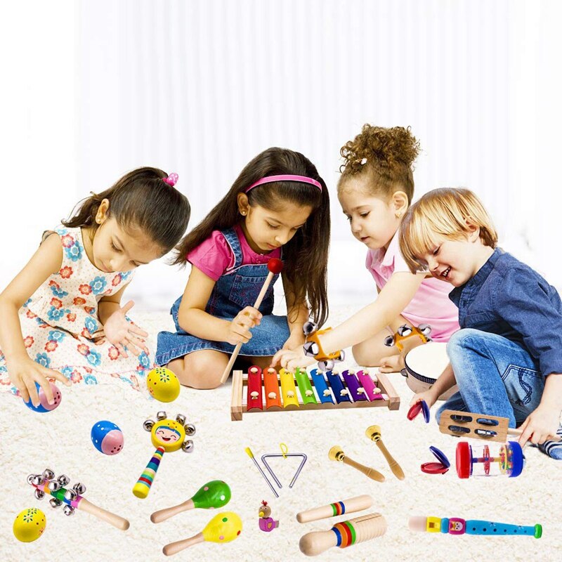 Børn musikinstrumenter , 15 typer 23 stk træ percussion xylofon legetøj til drenge og piger førskoleundervisning med opbevaring