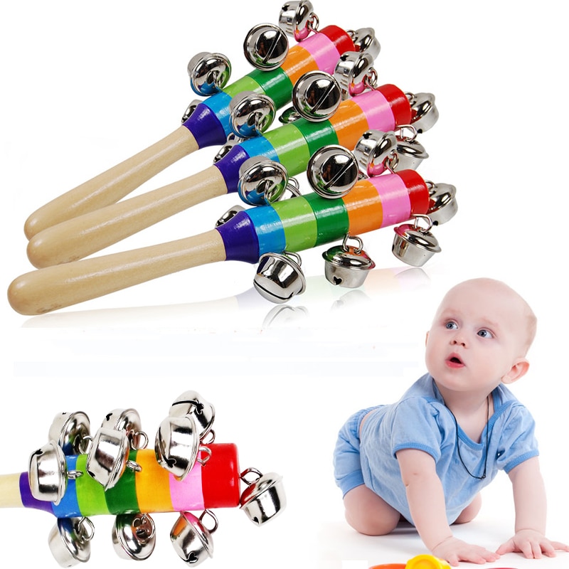 Baby's Bell Rattle Rainbow Shaker Stick Educational Toy Handle Wooden Activity Bell Ring Rainbow Musical Instrument