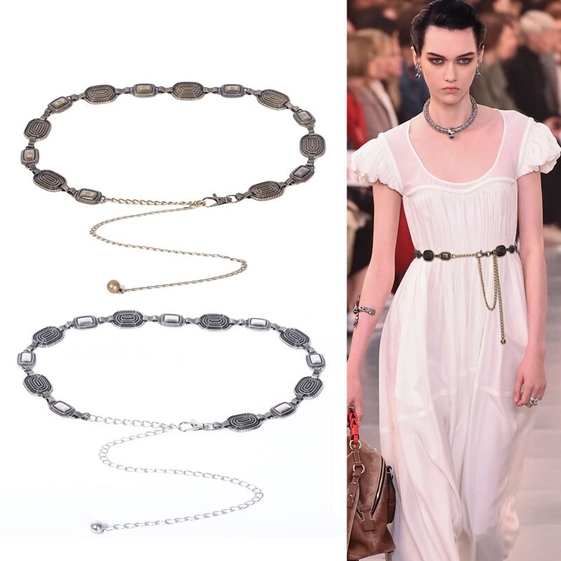 Guld kedja bälte vintage metall långa silver kedjor bälten för kvinnor midja ceinture femme midjeband klänning riem