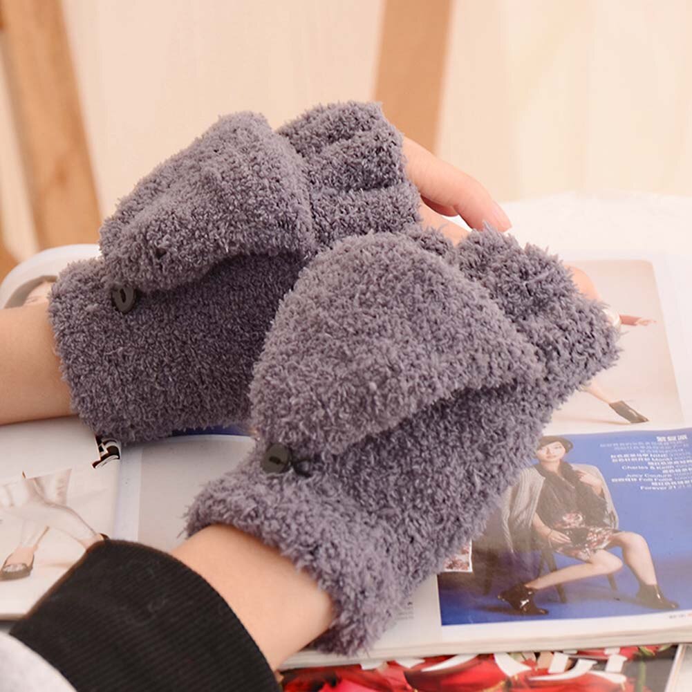 Coral Fleece Knit Half Finger Flip Cuff Mitten Boy / Girl Winter Plus Velvet Thick Warm Writing Glove
