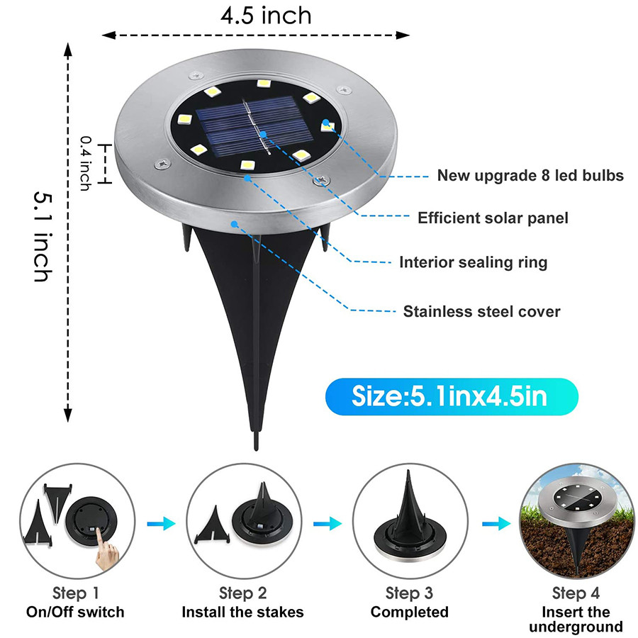 8 LED Solar Disk Lights Solar Ground Lights Outdoor Waterproof Solar Step Stair Light For Garden Patio Pathway Lawn Driveway
