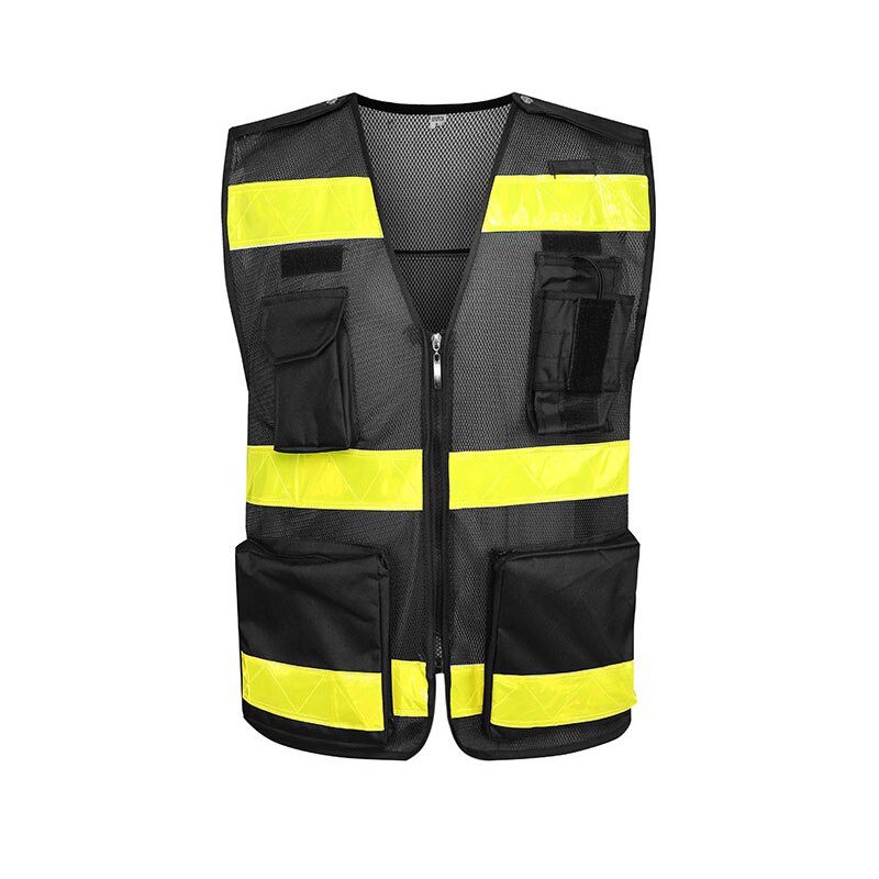 Multi-Pockets Reflective Safety Zipper Front Vest High Visibility ANSI Class Plus Size S-4XL: Black and yellow / L