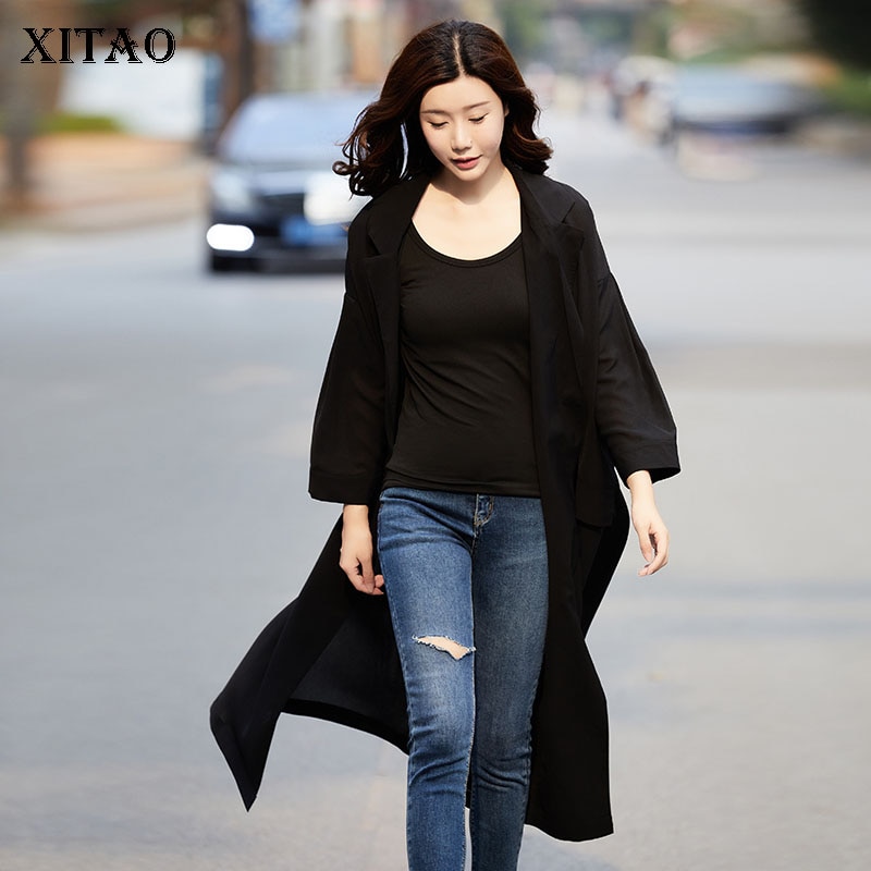 Xitao plus size jakke tynn splitt svart gudinne viftelomme høst løse cardigans fritidskåpe  zp3179