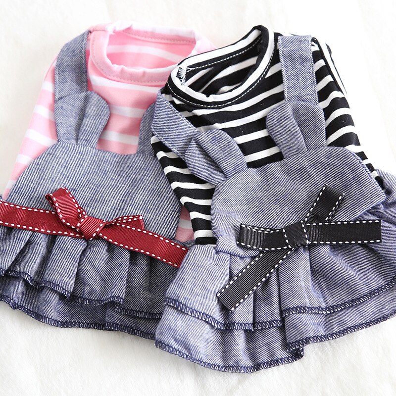 Nyeste stil striber denim nederdele til hunde lyserøde sorte farver hundetøj xs-xl størrelser tøj til små hunde pet kjole