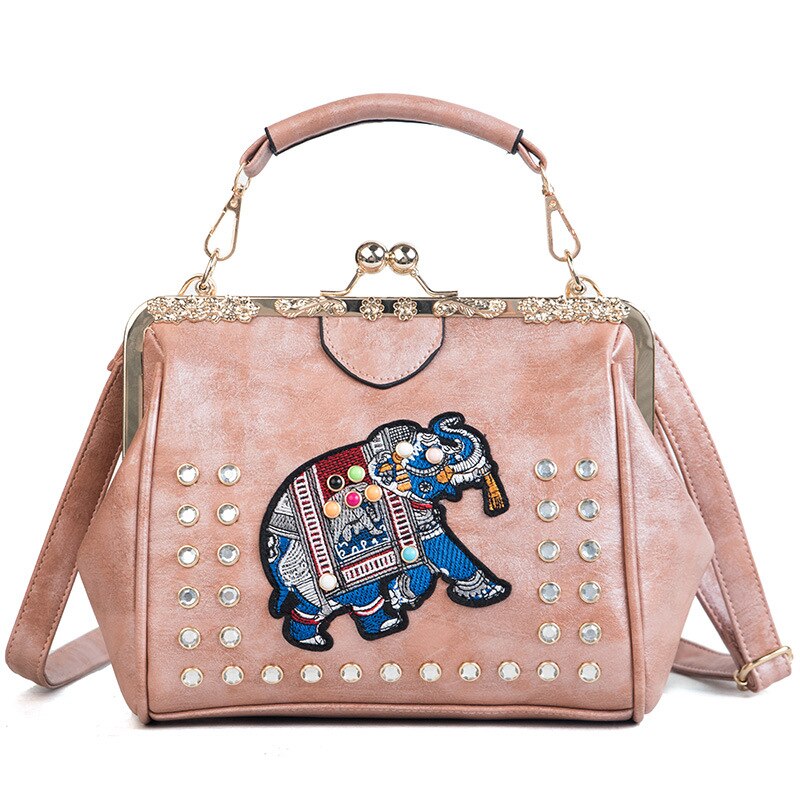 Diamanten Borduurwerk Olifant Kus Lock Shell Vrouwen Schoudertas Crossbody Tassen Vintage Pu Leather Tote Vrouwen Handtassen Portemonnees: bag Pink