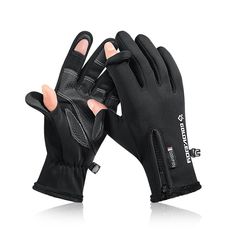 Gants de pêche chauds et épais, antidérapants, imperméables et durables, deux doigts coupés, mitaine, accessoire de pêche d&#39;hiver en plein air: Black / L
