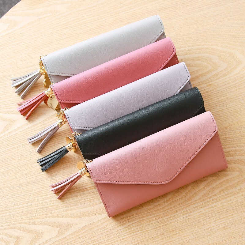 Women Leather Slim Wallet Long Trifold Credit Card Holder Organizer Purse Tassel Coin Purse Card Holder