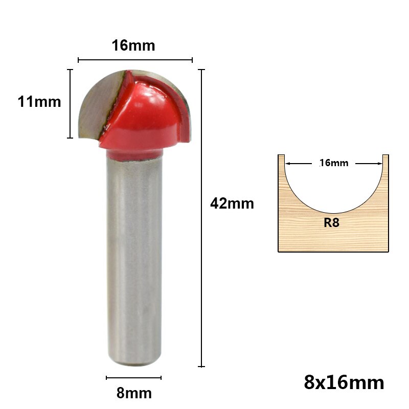 8Mm Schacht Rode Hoekafronding Frezen 16/19/22/25Mm Core Box Router Bit voor Hout Radiusfrees Radius Frezen: 1pc 8x16mm