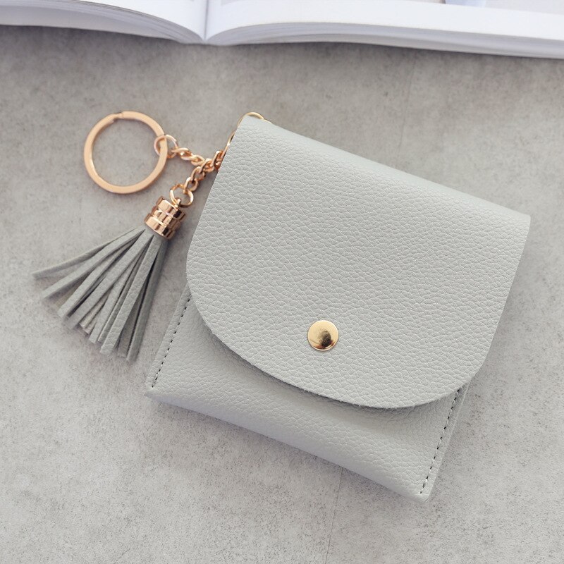 Student Dunne Portefeuilles Vrouwen Portemonnee Dames Pu Lederen Tassel & Metalen Ring Clutch Sleutelhanger Dunne Sleutel Tas Kaarthouders mini Pouch: Gray