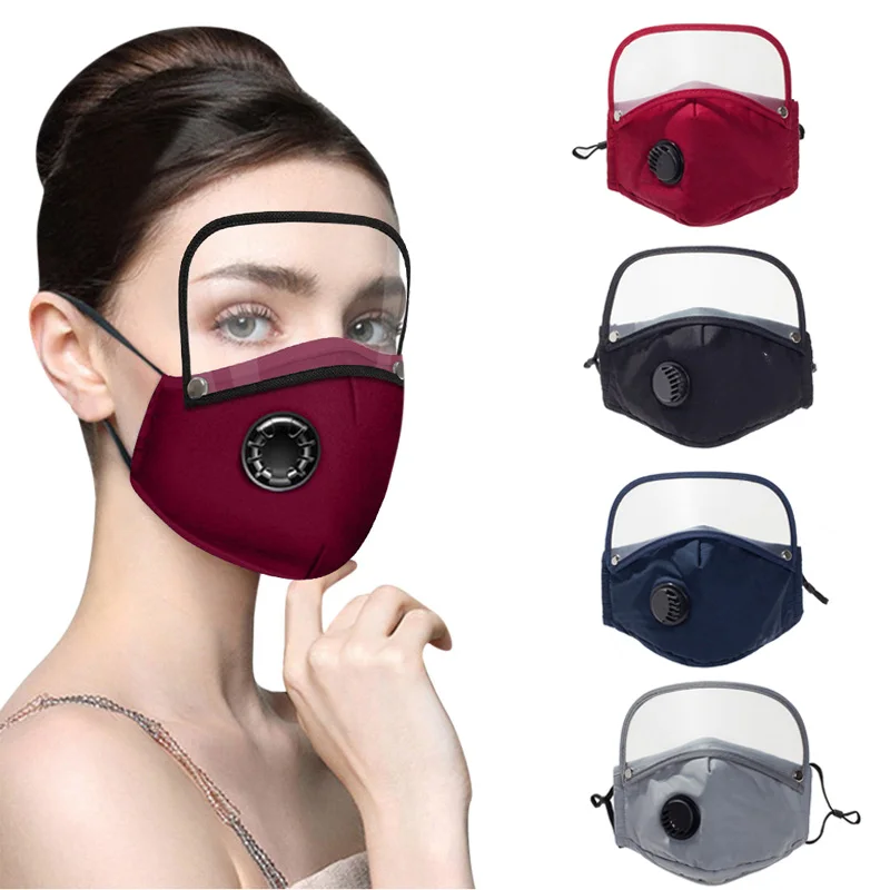 Herbruikbare wasbare gezichtsmaskers met 10 vervangbare pm2.5-filter Mondstof Winddicht katoenen ventielmasker met brilmasker