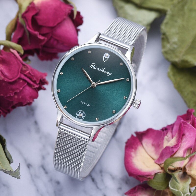 Women Green Dial Bracelet Quartz Clock Metal Silver Belt Dress Watches For Ladies Women