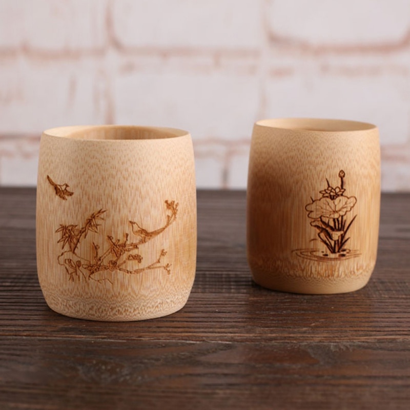 Japan Teaism Engraving Tea Cup Natural Bamboo Joint Wine Tea Cup for Home Tea Table Decoration Tea Ceremony Lotus Magpie Cupss.