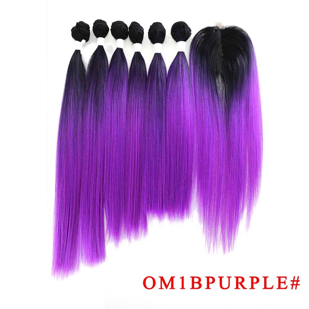 Ombre Bruin Yaki Rechte Synthetisch Haar Bundels Met Sluiting 14-18Inch Soku Hoge Temperatuur Fiber Bundel Haar weven: OM1BPURPLE
