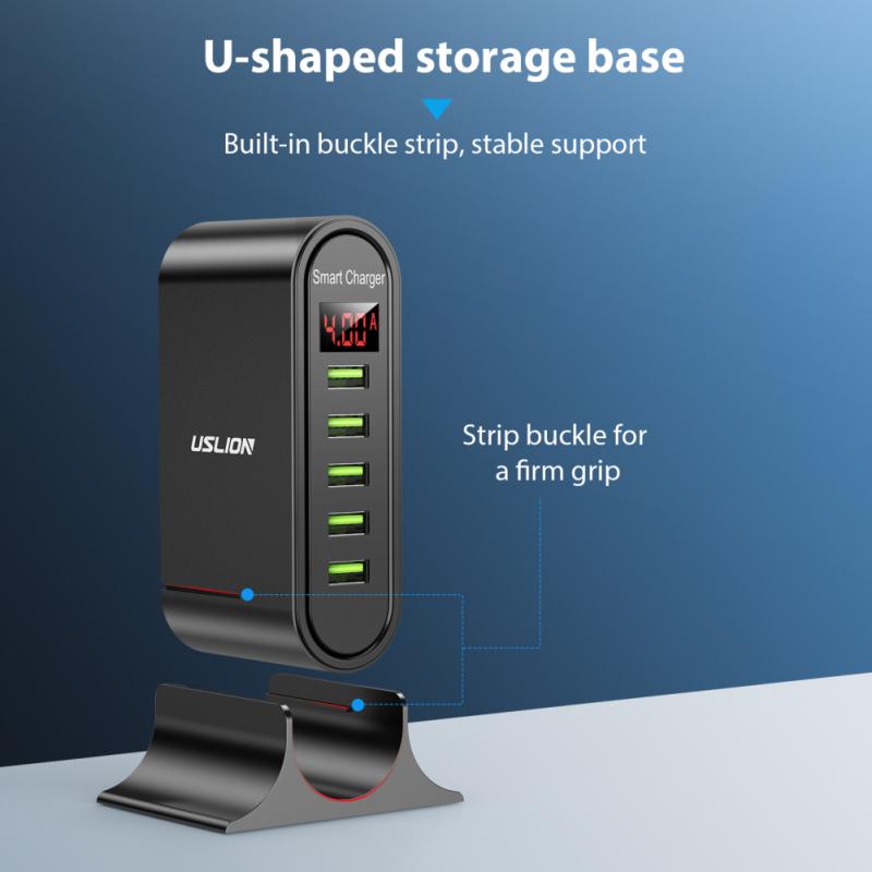 48W 5-port USB Mobile Phone Charger Travel Smart LED Digital Display Charger With Stand Mobile Phone Universal Charging