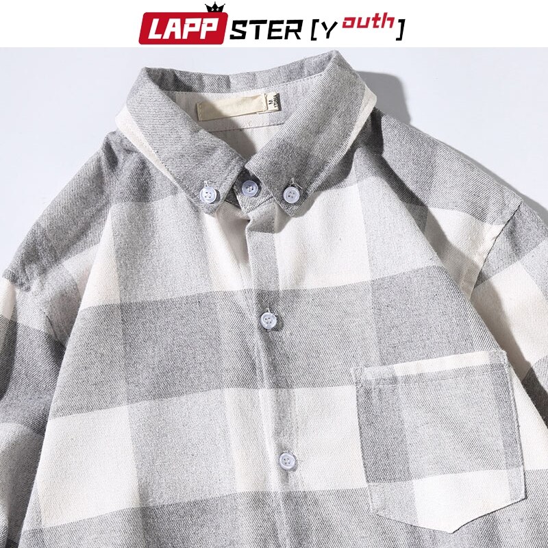 Lappster mænd harajuku plaidskjorter vintage afslappet langærmede skjorter lomme koreansk mode hip hop løse skjorter plus størrelse
