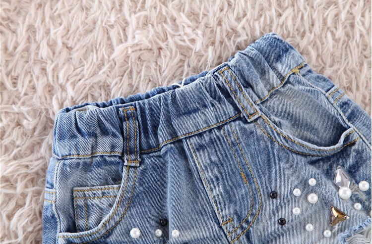 Baby girls jeansshorts pärlhål jeans byxor mjuka sommar barn jeans shorts barnkläder