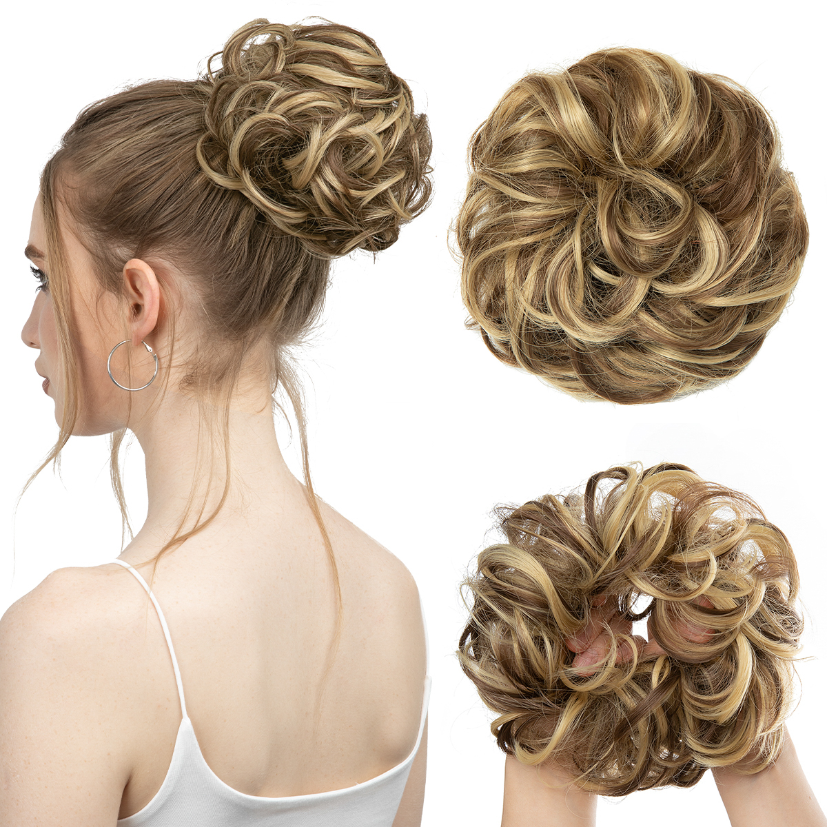 Extensiones de moño de pelo sintético desordenado, moño grande y rizado, gomas para el pelo elásticas, postizos, Donut Updo, piezas de cabello para mujer: T1B / 27