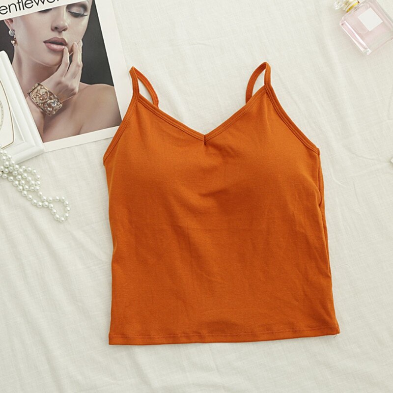 Women Cotton Basic Camisoles Female Cozy Spaghetti Strap Sexy Back Camis Solid Color Ladies Comfy Underwear: Orange