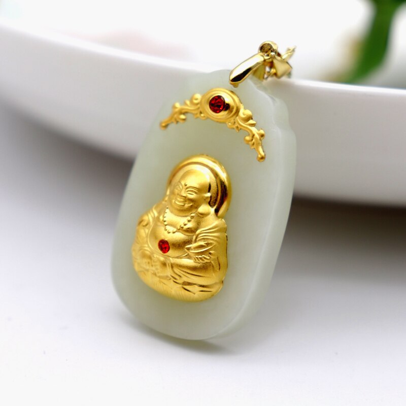 Goede Lucky Hetian Jades Hangers Goud Gesneden Smiley Gezicht Maitreya Budd Boeddhistische Ingelegd Rhinestone Mannen Vrouwen Amulet Ketting