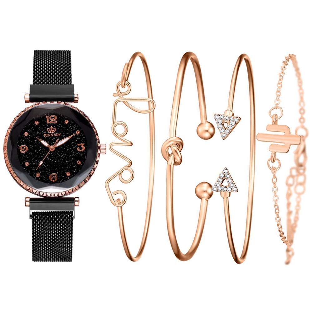 5 pièce/ensemble de luxe femmes montres ciel étoilé aimant boucle Bracelet montre-Bracelet chiffre romain Simple horloge: Black