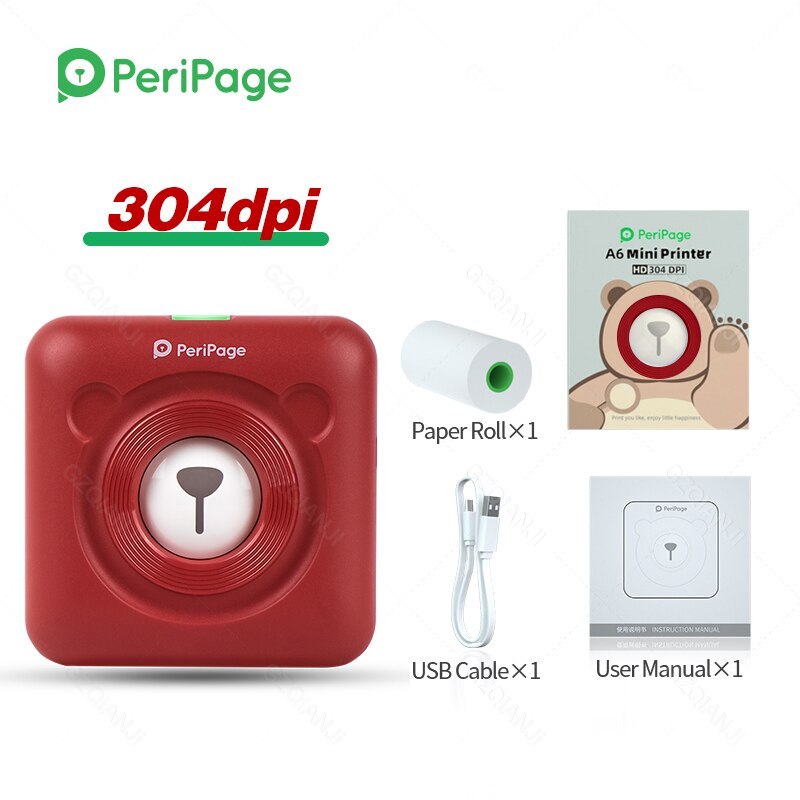 Peripage Rode Draagbare Thermische Bluetooth Printer 203Dpi 2 "Rode Photo Factuur Mini Draadloze Printer Voor Android Ios Mobiele telefoon: Red 304Dpi