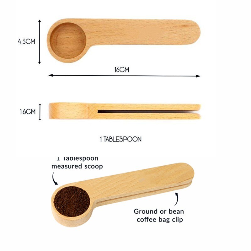 Cuchara de café molido, cuchara de madera para café, 1 cucharada, cuchara medidora de madera de haya, Clip largo para bolsa de sellado de mango de madera