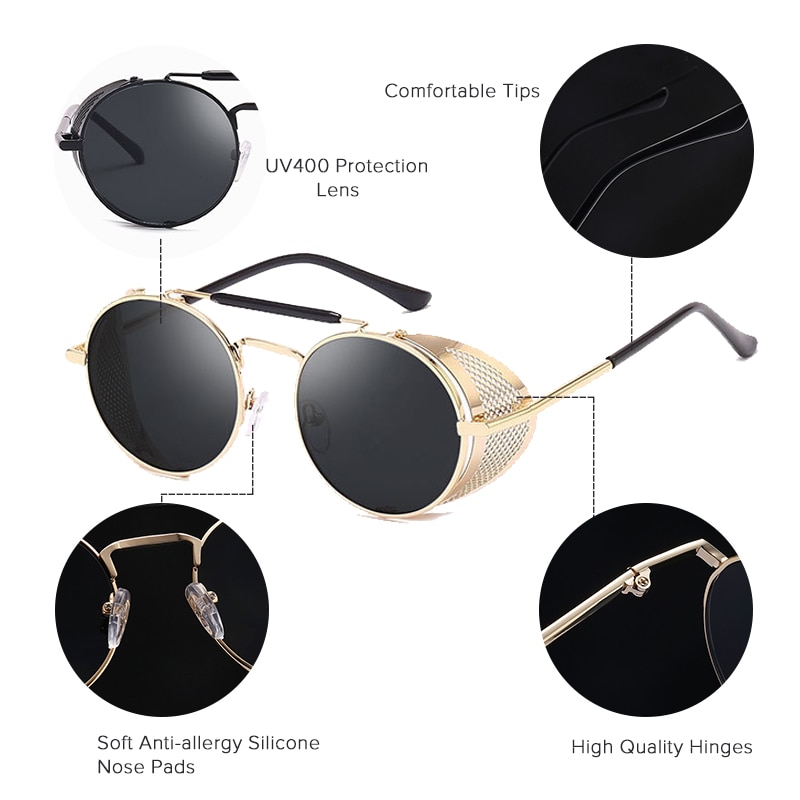 Retro Round Steampunk Sunglasses Men Women Side Shield Goggles Metal Frame Gothic Mirror Lens Sun Glasses