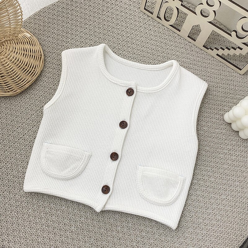 2021 nova criança bebê colete para a menina sólido waffle sem mangas cardigan primavera outono algodão crianças roupas meninos trajes: Z578W / 12M