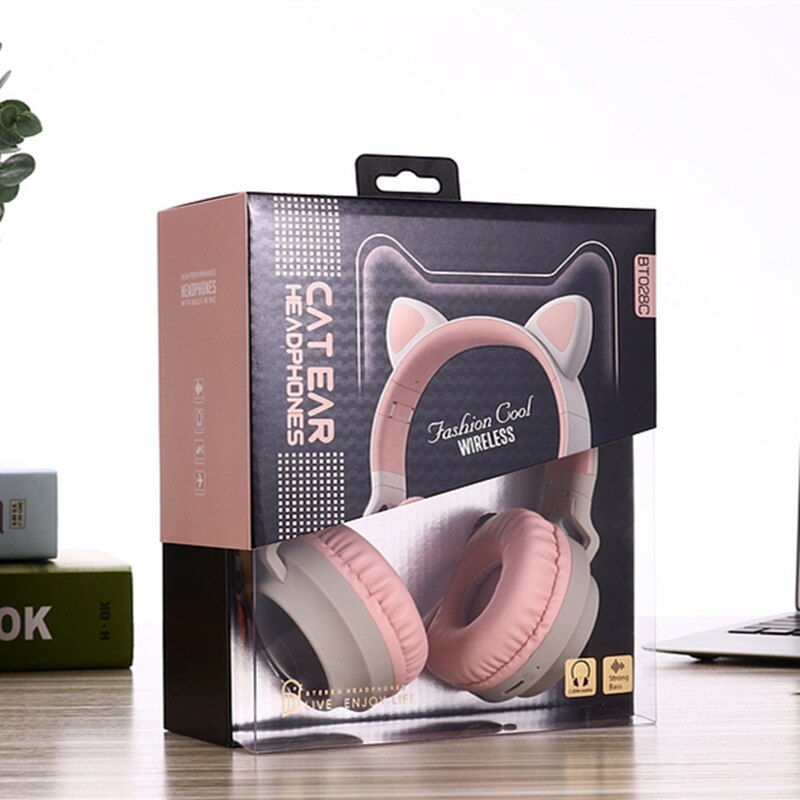 Cute Cat Bluetooth 5.0 Headset Wireless Hifi Music Stereo Bass Headphones LED Light Mobile Phones Girl Daughter Headset For PC: skin with box