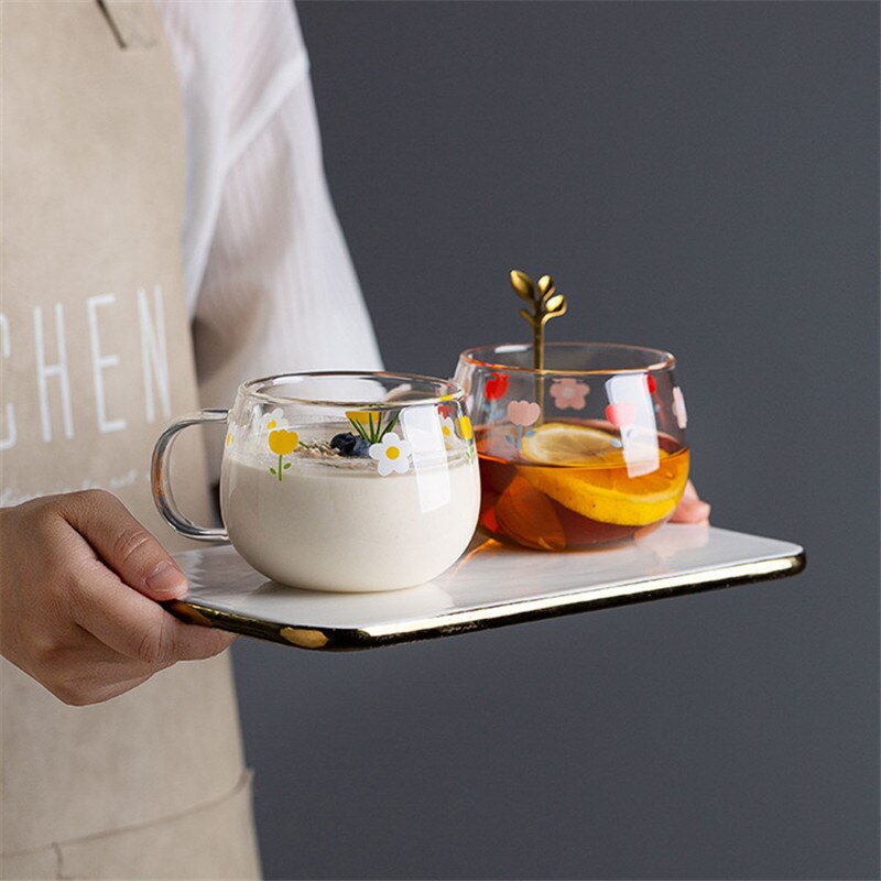 Japansk genomskinlig blomma glas mjölkkopp med sked och fat set kaffe frukost mugg dessert tallrik söt enkel tekopp