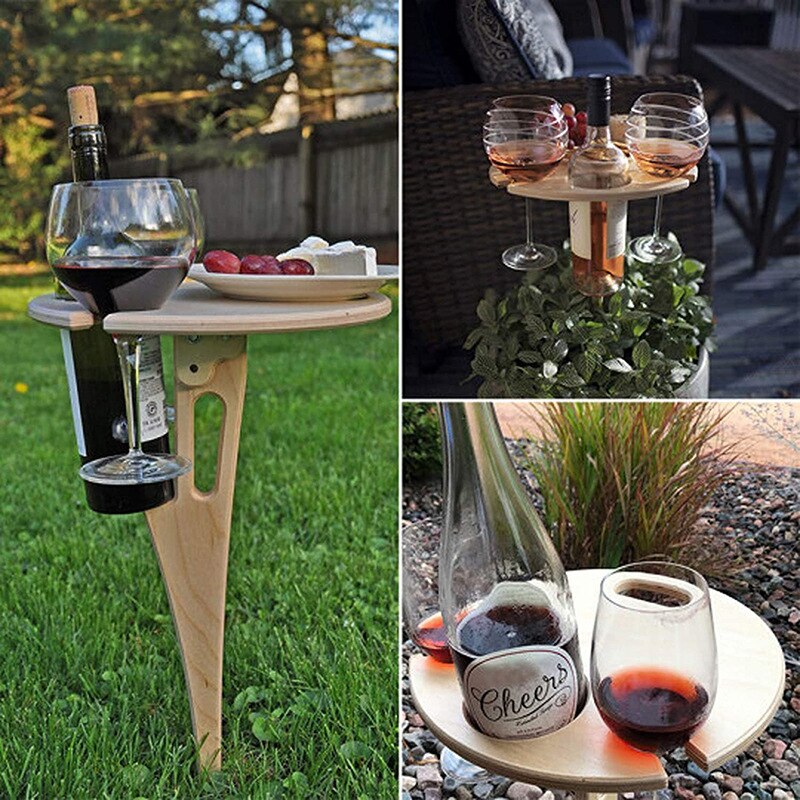 Outdoor Wine Table Portable Desktop Foldable Round Desktop Mini Wooden Picnic Table Easy Carry Wine Rack Support