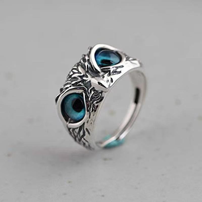 Retro carino Design semplice gufo anello occhi multicolori colore argento donna uomo fidanzamento fedi nuziali gioielli regalo ridimensionabile Unisex