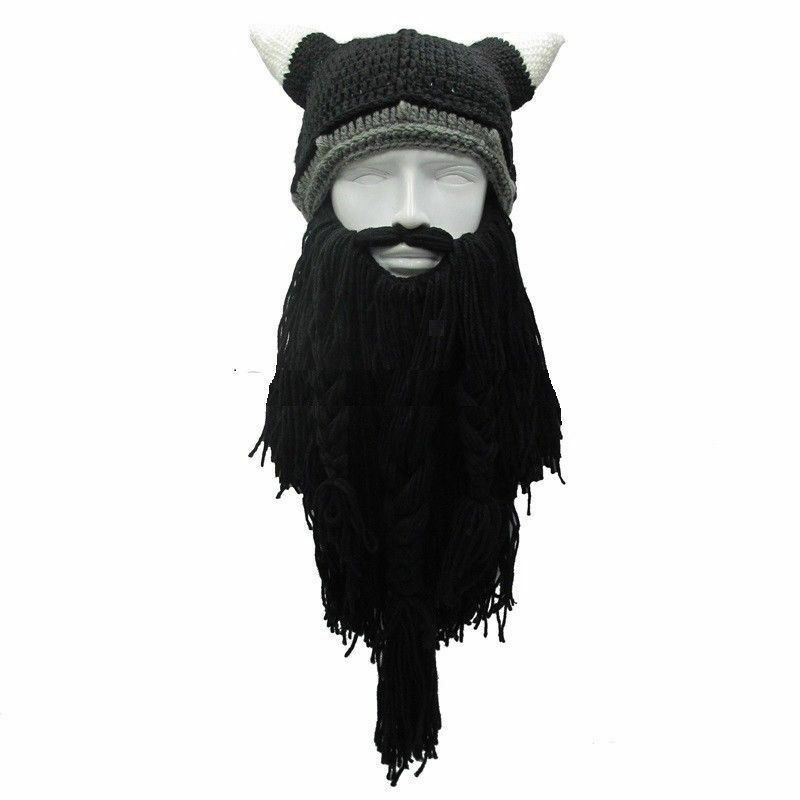 Hirigin Funny Crazy Cosplay Men Knit Viking Beard Horn Hat Ski Mask Cap Barbarian Vagabond Cool Beanie Winter Warm Unisex Hat