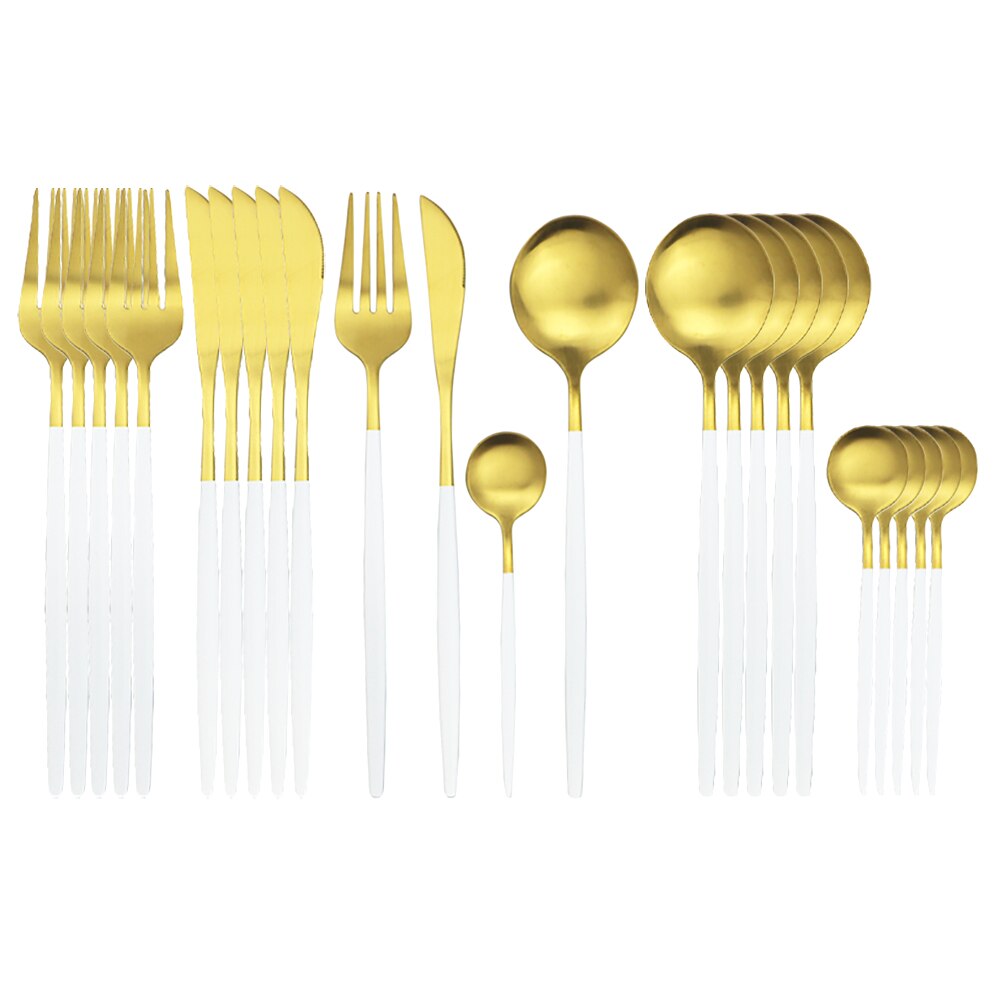 Couverts bleu en acier inoxydable 410, 24 pièces, service de table, coutellerie, cuillère, fourchette, couteau, argenterie, coutellerie: White Gold