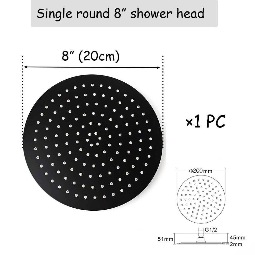 Black Round and Square Rain Shower Head Ultrathin 2 mm 8 10 12 Inch Choice Bathroom Wall & Ceiling Mounted Shower Arm: Round 8 inch