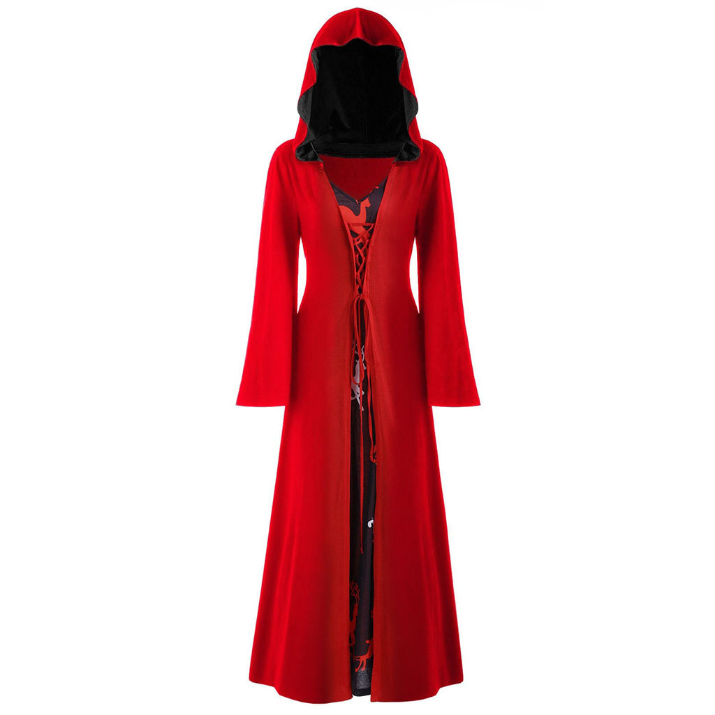 Medieval Dress For Women Lace-up Vintage Hooded Cloak Robe Adult Costume Retro Cosplay Halloween Scary Vampire Witch Long Dress: S / Red