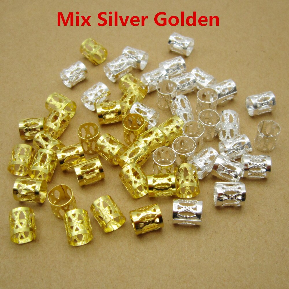 100 stk/lot gylden/sølv justerbar micro viking hår dread fletter dreadlock skjegg perler mansjetter klips ringer for hårtilbehør: 100 blanding sølv gylden