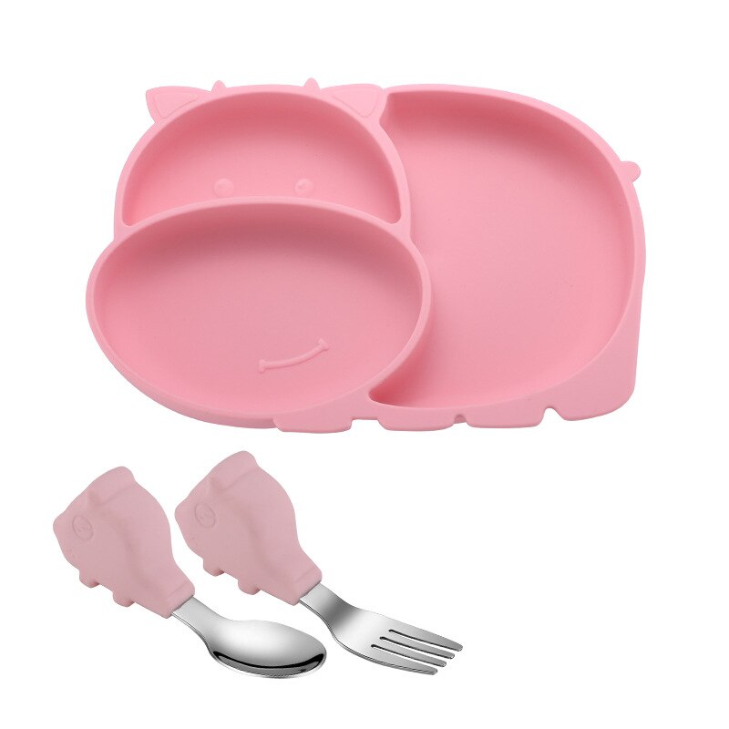 Baby's Silicone Plate Set Kids Anti Falling Antiskid Plate Children Grid Eating Training Fork Spoon Suction Plates for Babies: Pink