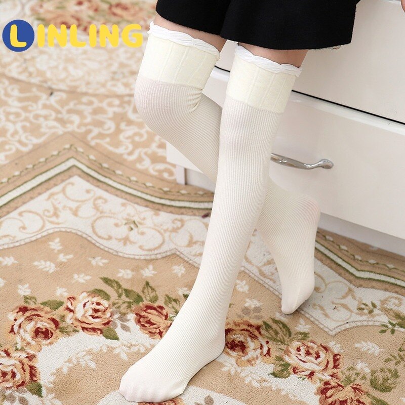 LINLING Summer Infant Over Knee High Socks Girls Mesh Breathable Stockings Autumn Toddler Girls Cotton Socks Solid Color P125