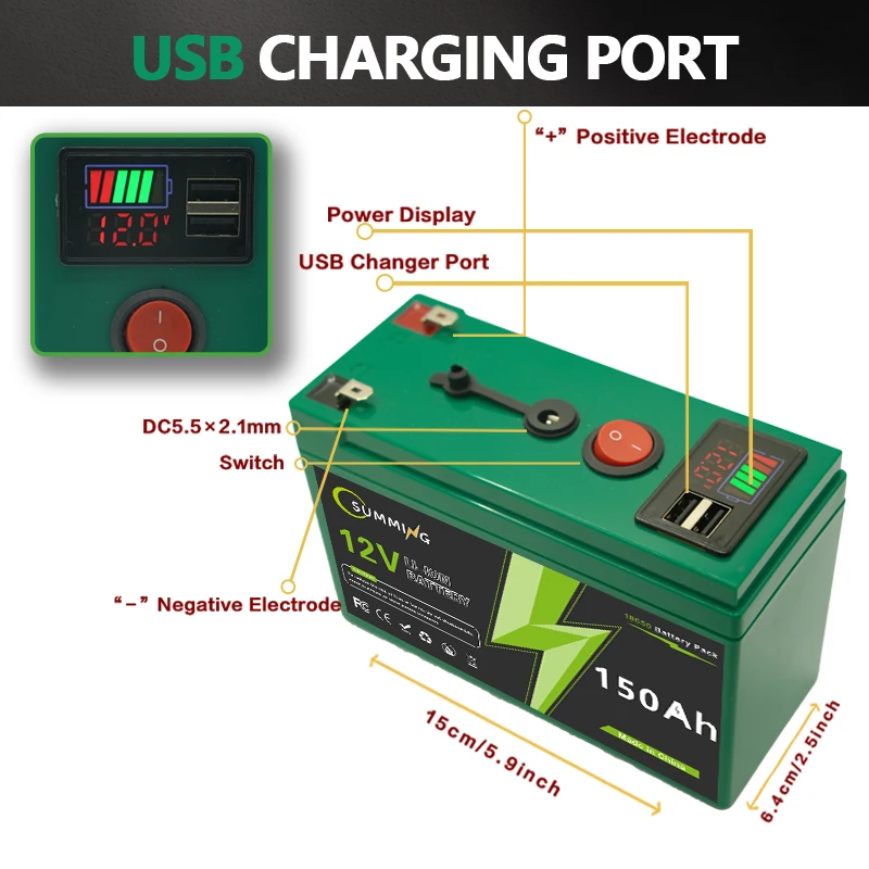 12V 150Ah Lithium wiederaufladbare LiFeP04 Batterie 4000+Zyklen für Solarenergie, USV, Roller, Elektroräder, Fischfinder, gebaut mit BMS