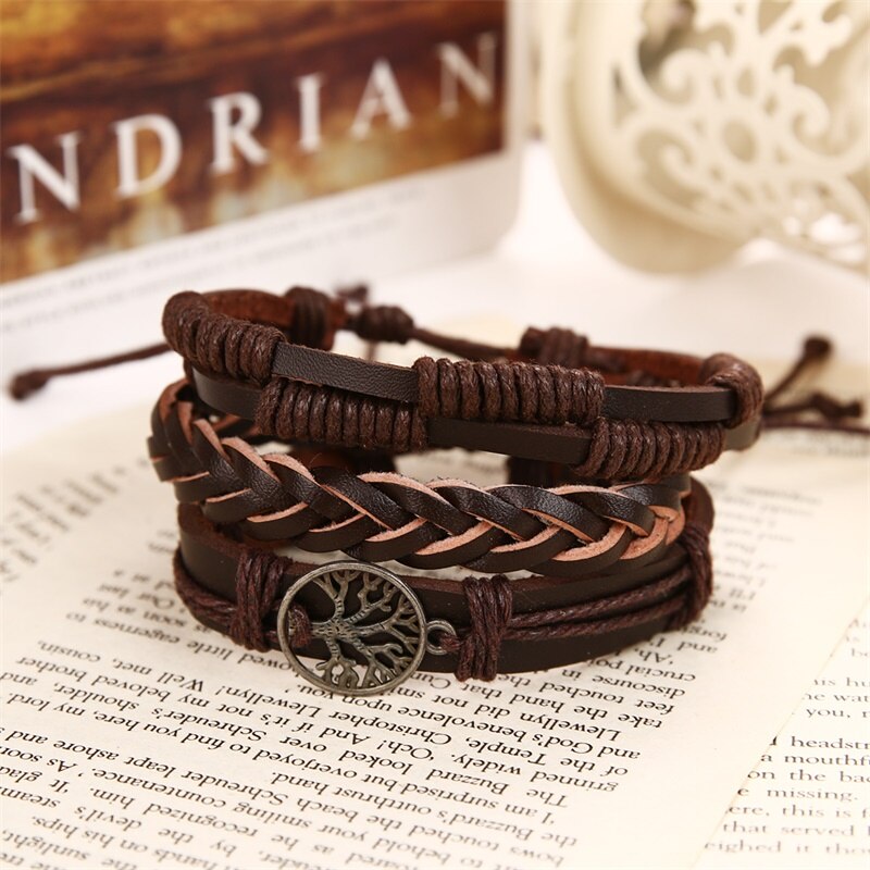 Daxi boom retro multi-layer leren armband heren klassieke touwketting bedelarmband heren sieraden