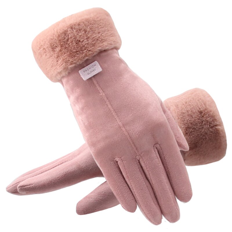 Vinterhandsker til kvinder berøringsskærm dame ruskind varm plys inde fingerhandsker kvindelige vinter bløde sorte vanter handsker: Lyserød