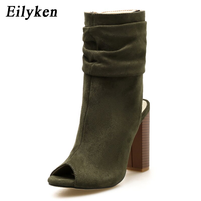 Eilyken lente/herfst rome laarzen sandalen vierkante hak 10cm dames rits enkelband hakken peep toe laarzen maat 35-40: Groente / 8
