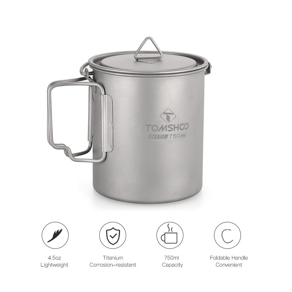TOMSHOO Ultraleve 750 ml De Água De Titânio Titânio Pote Portátil Copo Caneca com Tampa e Alça Dobrável Ao Ar Livre de Acampamento Cozinhar