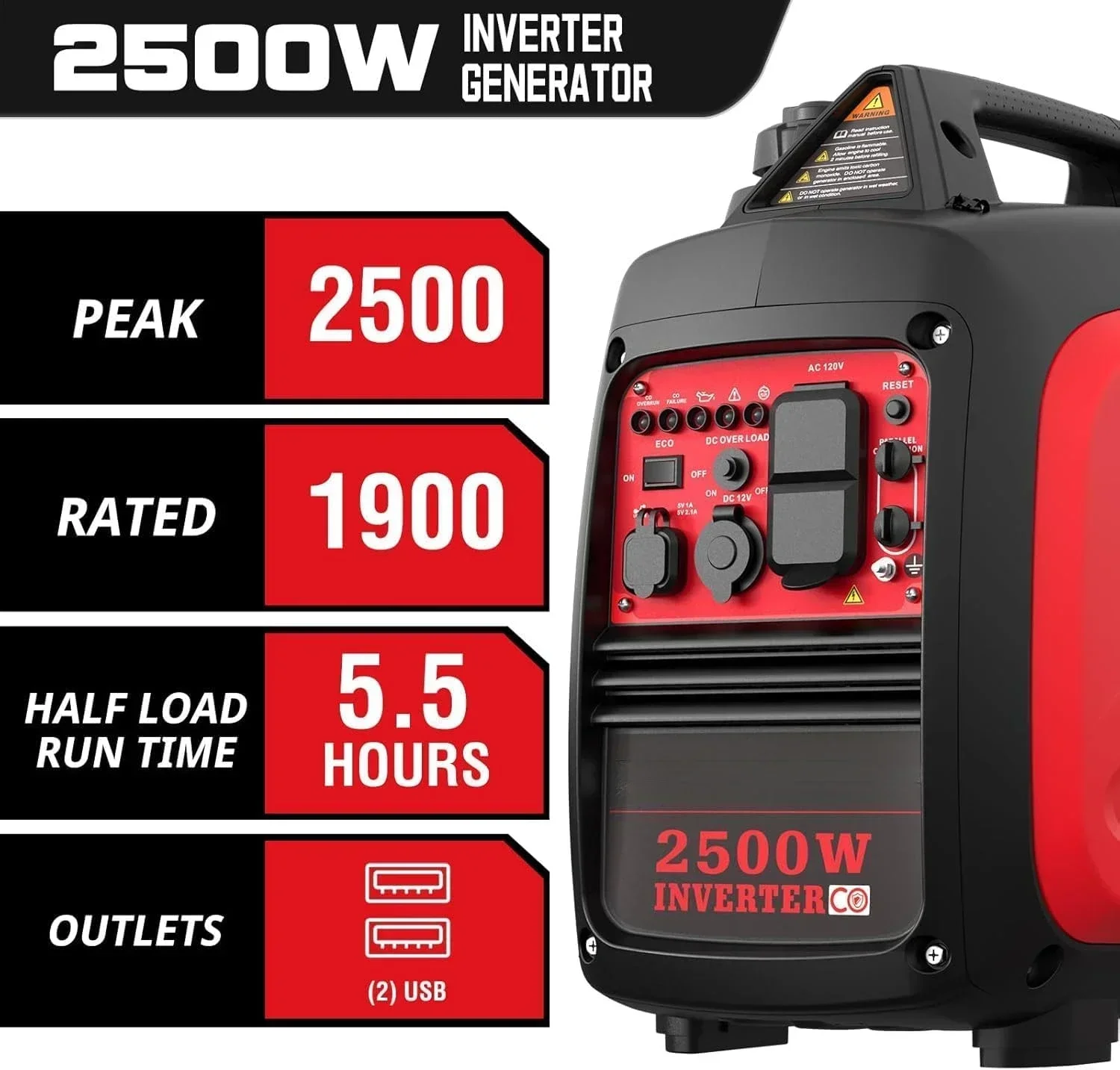 Gerador inversor portátil movido a gás de 2500 watts, sensor de CO, super silencioso para camping, tailgating, uso em emergências domésticas